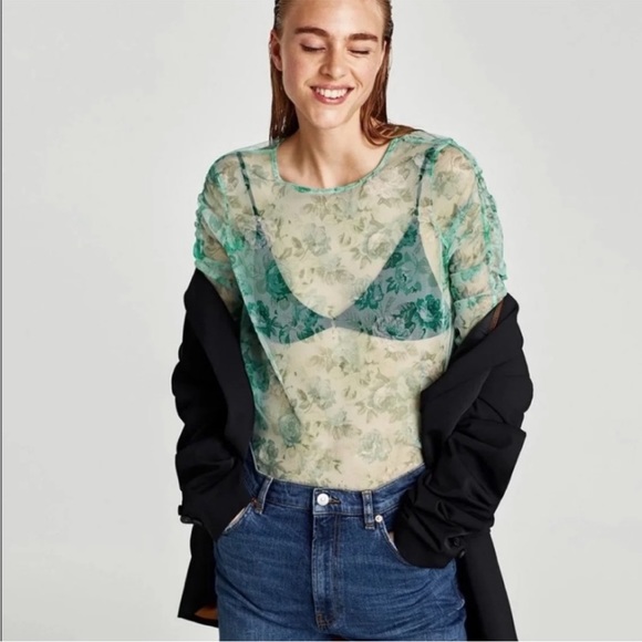 ZARA Green floral mesh/tulle top - Picture 1 of 12